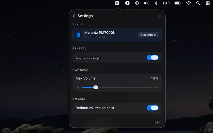 HEOS Surfer settings screen showing device and playback options